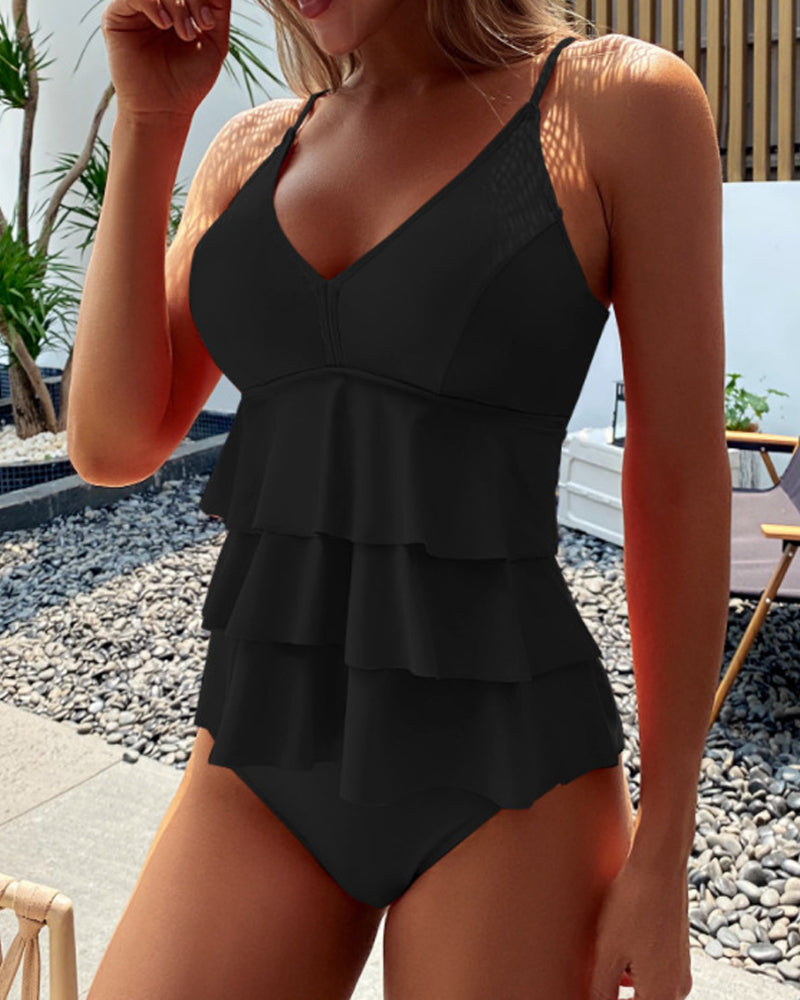 Leta ™ - Swimsuit in one colour with decorative frills