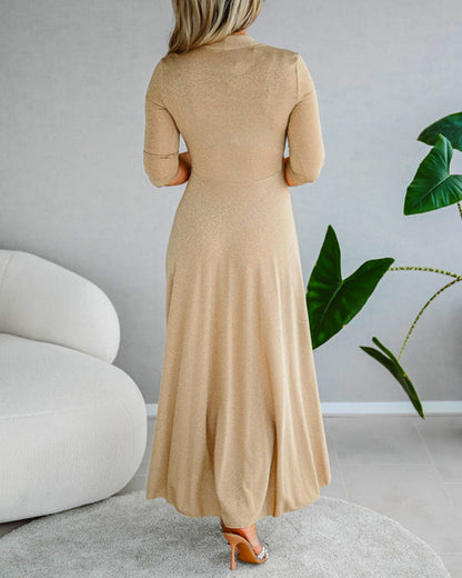 Kaleide™ - Elegant solid colour dress with V-neck three-quarter sleeve