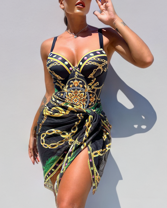 Darius - Push-up one-piece swimming costume with decorative chain detailing and beach skirt