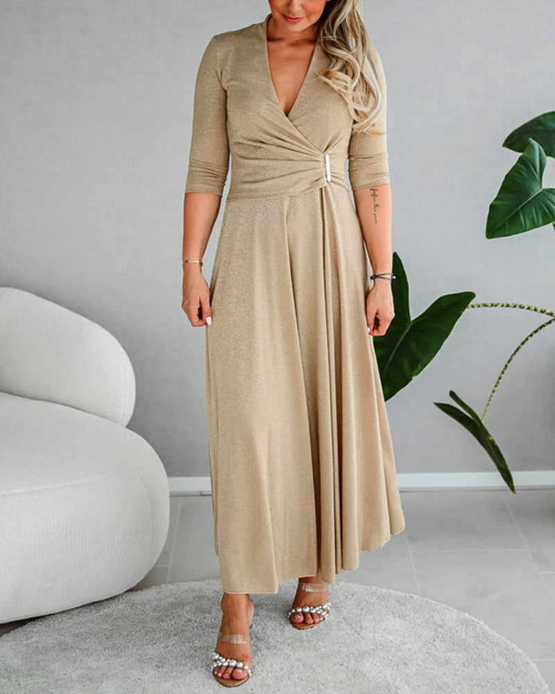 Kaleide™ - Elegant solid colour dress with V-neck three-quarter sleeve